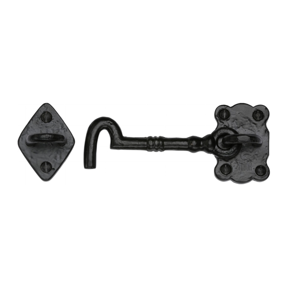 TC153 106 • 106mm • Antique Black Iron • Heritage Brass Straight Cabin Hook